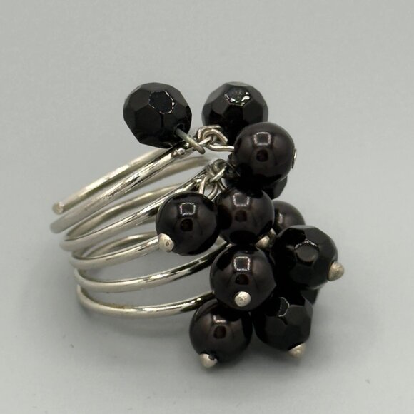 Multi-Band Silver Ring With Black Bead Cluster - Picture 1 of 9